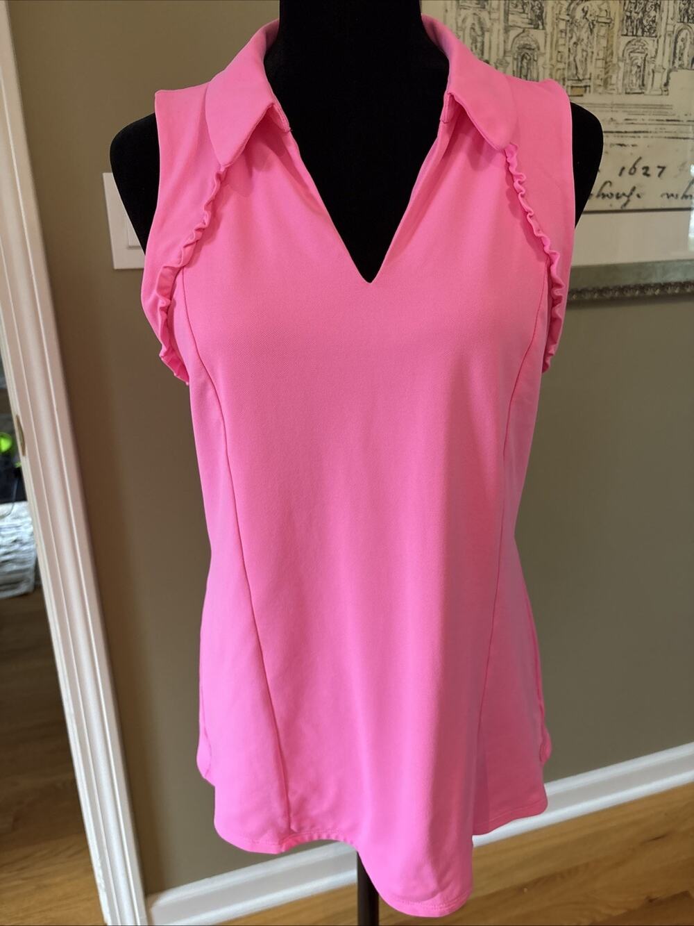LILLY PULITZER Women's Luxletic UPF 50+ Martina Polo ruffle pickl Top sz L pink